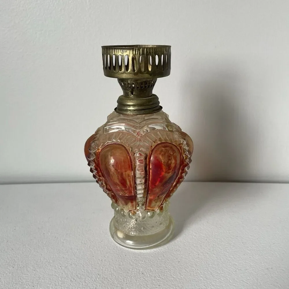 Vintage Antique Glass Oil Lamp Base Clear Red Brown Made in Hong Kong Glassware